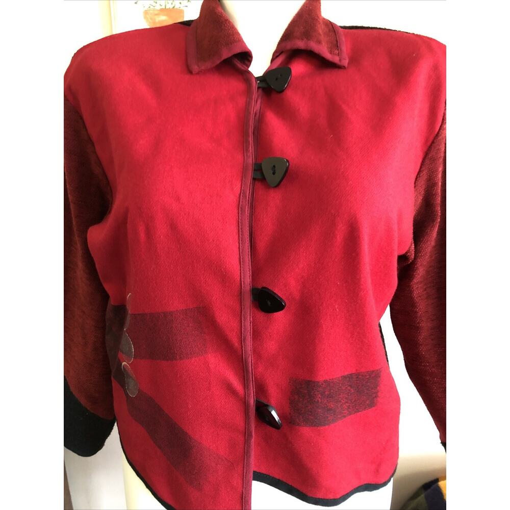 VTG Alissa Medium Chenille Wool Cardigan Jacket Red Black Art to Wear Collared